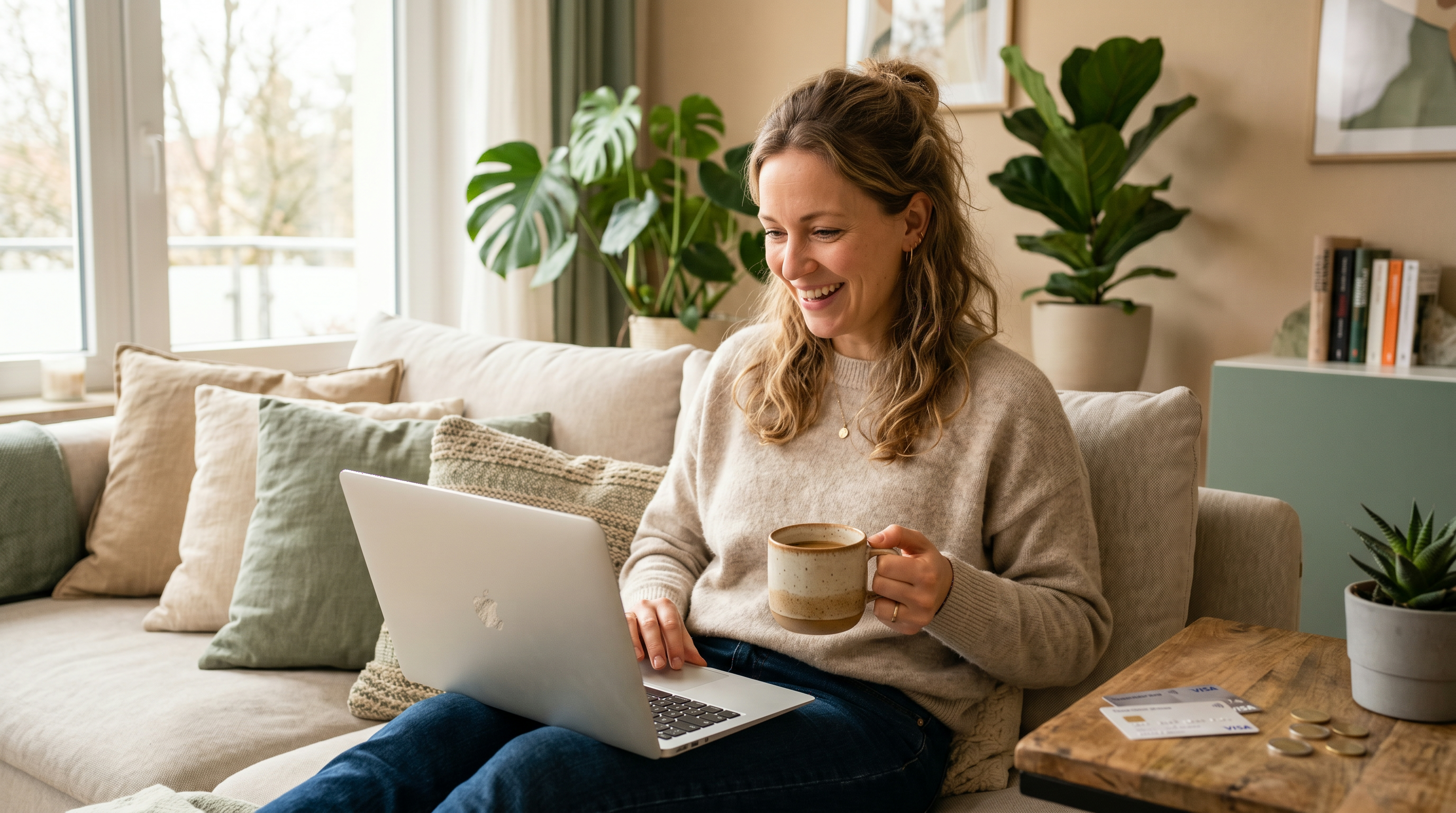 Frau erhält Cashback beim Online-Einkauf am Laptop